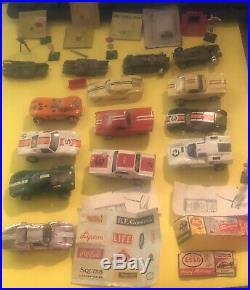 AURORA H. O Slot Car Lot. 10 cars chassis and parts Stickers Vintage