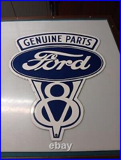 Ford Genuine Parts V8 Porcelain Vintage 24 Inches X 19 Inches CAR TRUCK GAS