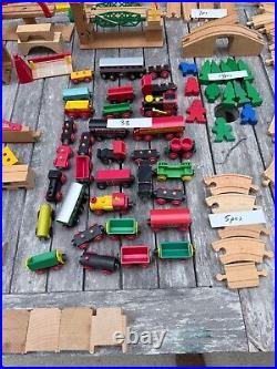 Huge Vintage Lot Brio Wooden Train Parts Tracks Bridges, Cars 253 pcs