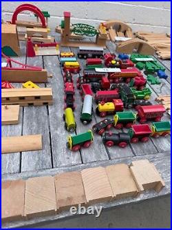 Huge Vintage Lot Brio Wooden Train Parts Tracks Bridges, Cars 253 pcs