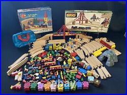 Huge Vintage Lot Brio Wooden Train Parts Tracks Bridges, Cars, Figures, Animals