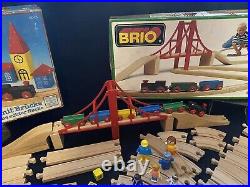 Huge Vintage Lot Brio Wooden Train Parts Tracks Bridges, Cars, Figures, Animals