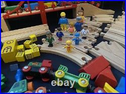 Huge Vintage Lot Brio Wooden Train Parts Tracks Bridges, Cars, Figures, Animals