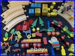 Huge Vintage Lot Brio Wooden Train Parts Tracks Bridges, Cars, Figures, Animals