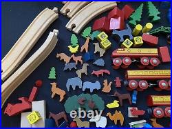 Huge Vintage Lot Brio Wooden Train Parts Tracks Bridges, Cars, Figures, Animals