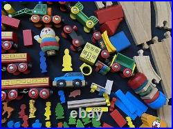 Huge Vintage Lot Brio Wooden Train Parts Tracks Bridges, Cars, Figures, Animals