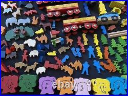 Huge Vintage Lot Brio Wooden Train Parts Tracks Bridges, Cars, Figures, Animals