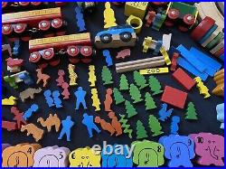 Huge Vintage Lot Brio Wooden Train Parts Tracks Bridges, Cars, Figures, Animals