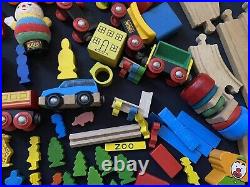 Huge Vintage Lot Brio Wooden Train Parts Tracks Bridges, Cars, Figures, Animals