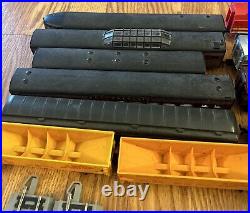 Lot Of 44 HO Vintage Engines, Box Cars, Flat Beds AHM, Tyco, Track, and Parts