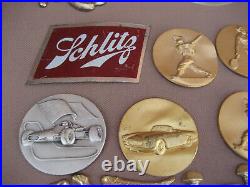 Lot of Vintage Trophy Assortment Parts Metal Plaque Emblems Stickers Racing Cars