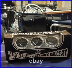 MOONeyes 3 GAUGE SET w Turned Panel & Senders HOT ROD Custom OIL TEMP VOLT moon