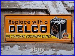 Vintage 1948 Delco Porcelain Sign Battery Auto Parts Gas Oil Veribrite Car Man