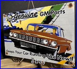 Vintage 1961 Dated Genuine Gm Parts Porcelain Dealership Sign Chevy Car Truck