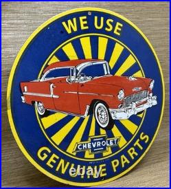 Vintage Chevrolet Porcelain Sign We Use Genuine Parts Chevy Bowtie Car Dealer