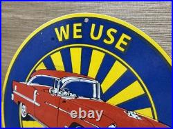 Vintage Chevrolet Porcelain Sign We Use Genuine Parts Chevy Bowtie Car Dealer