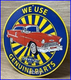 Vintage Chevrolet Porcelain Sign We Use Genuine Parts Chevy Bowtie Car Dealer