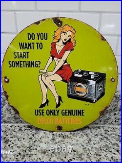 Vintage Delco Porcelain Sign Auto Parts Store Gas Oil Sales Car Battery Garage