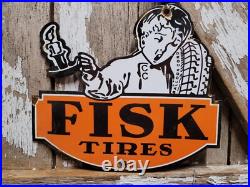 Vintage Fisk Tire Porcelain Sign Old Gas Car Truck Parts Garage Wheel Repair
