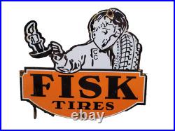 Vintage Fisk Tire Porcelain Sign Old Gas Car Truck Parts Garage Wheel Repair