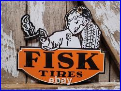 Vintage Fisk Tire Porcelain Sign Old Gas Car Truck Parts Garage Wheel Repair