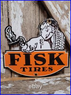 Vintage Fisk Tire Porcelain Sign Old Gas Car Truck Parts Garage Wheel Repair