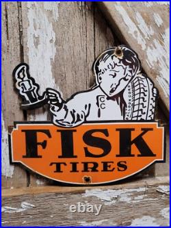 Vintage Fisk Tire Porcelain Sign Old Gas Car Truck Parts Garage Wheel Repair