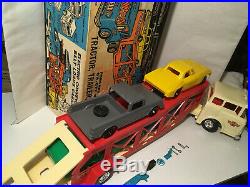 Vintage MARX BIG BOSS CAR CARRIER Working Cab & Trailer + 4 Vehicles Box & Parts