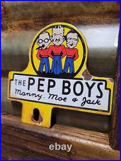 Vintage Pep Boys Porcelain Sign Old Automotive Car Truck Parts Supply Tag Topper