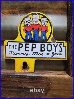 Vintage Pep Boys Porcelain Sign Old Automotive Car Truck Parts Supply Tag Topper