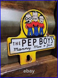 Vintage Pep Boys Porcelain Sign Old Automotive Car Truck Parts Supply Tag Topper