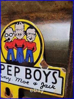 Vintage Pep Boys Porcelain Sign Old Automotive Car Truck Parts Supply Tag Topper