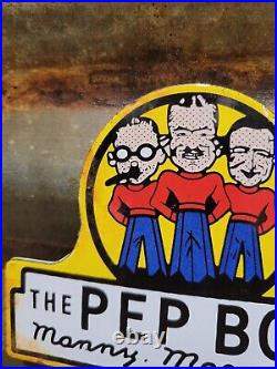 Vintage Pep Boys Porcelain Sign Old Automotive Car Truck Parts Supply Tag Topper