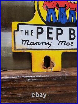 Vintage Pep Boys Porcelain Sign Old Automotive Car Truck Parts Supply Tag Topper