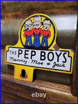 Vintage Pep Boys Porcelain Sign Old Automotive Car Truck Parts Supply Tag Topper