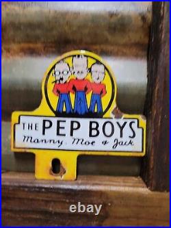 Vintage Pep Boys Porcelain Sign Old Automotive Car Truck Parts Supply Tag Topper