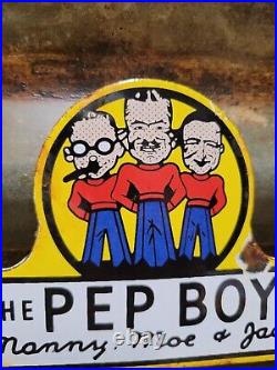 Vintage Pep Boys Porcelain Sign Old Automotive Car Truck Parts Supply Tag Topper