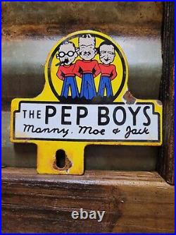 Vintage Pep Boys Porcelain Sign Old Automotive Car Truck Parts Supply Tag Topper