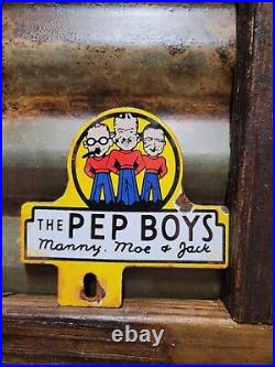 Vintage Pep Boys Porcelain Sign Old Automotive Car Truck Parts Supply Tag Topper