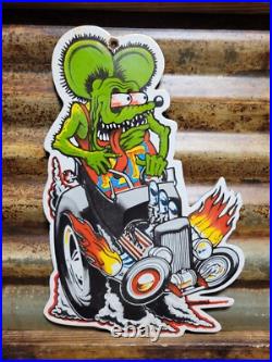 Vintage Rat Fink Porcelain Sign Old Ed Roth Hot Rod Gas Engine Race Car Parts