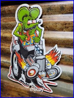Vintage Rat Fink Porcelain Sign Old Ed Roth Hot Rod Gas Engine Race Car Parts