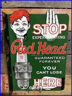 Vintage Red Head Porcelain Flange Sign Spark Plug Car Truck Auto Parts Gas Oil